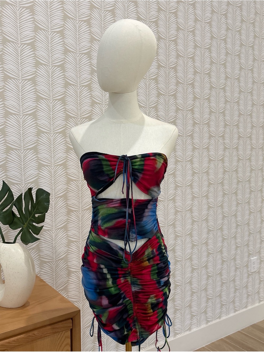 Strapless Multicolor Tie-Dye Cutout Ruched Mini Dress